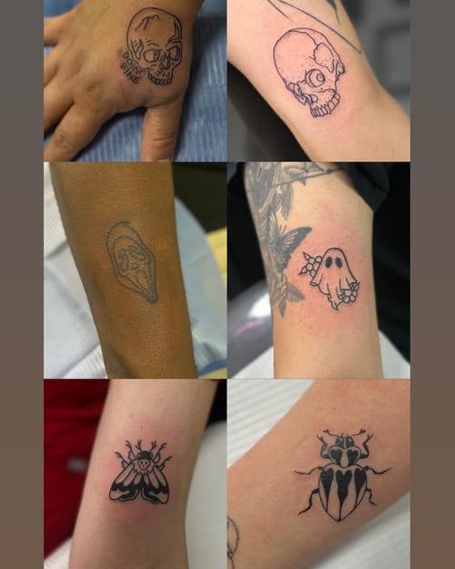 Various small blackwork tattoos featuring skulls, a ghost, and insects — by Maddie Ramirez, los angeles