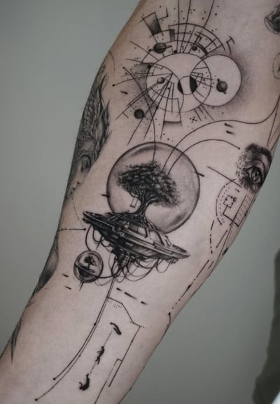 A surreal black and grey tattoo on the forearm featuring a tree on a floating platform with abstract geometric elements and an eye, rendered in dotwork and linework style — by Jian Liang, los angeles