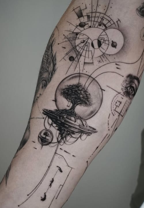 A surreal black and grey tattoo on the forearm featuring a tree on a floating platform with abstract geometric elements and an eye, rendered in dotwork and linework style — by Jian Liang, los angeles