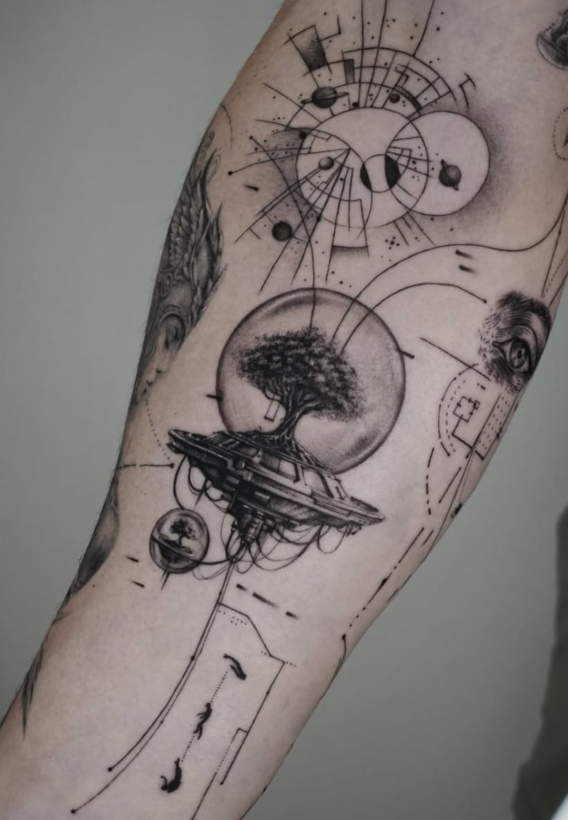 A surreal black and grey tattoo on the forearm featuring a tree on a floating platform with abstract geometric elements and an eye, rendered in dotwork and linework style — by Jian Liang, los angeles