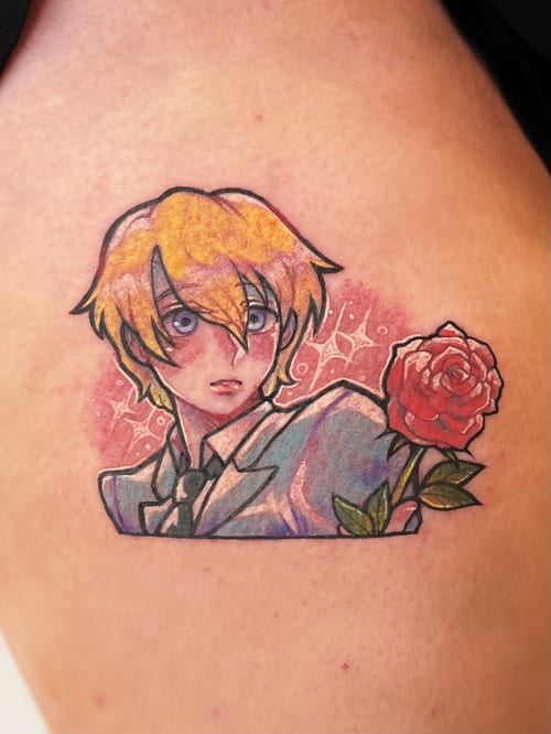 A colorful anime-style portrait of a character with blonde hair, accompanied by a red rose, on the arm — by Tweetwee, los angeles