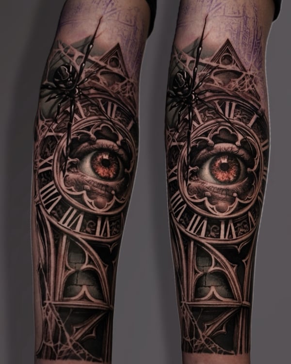 A detailed black and grey tattoo of an eye surrounded by a clock face and spider on the forearm, featuring realistic shading and intricate details — by Vladimir Kozachenko, los angeles