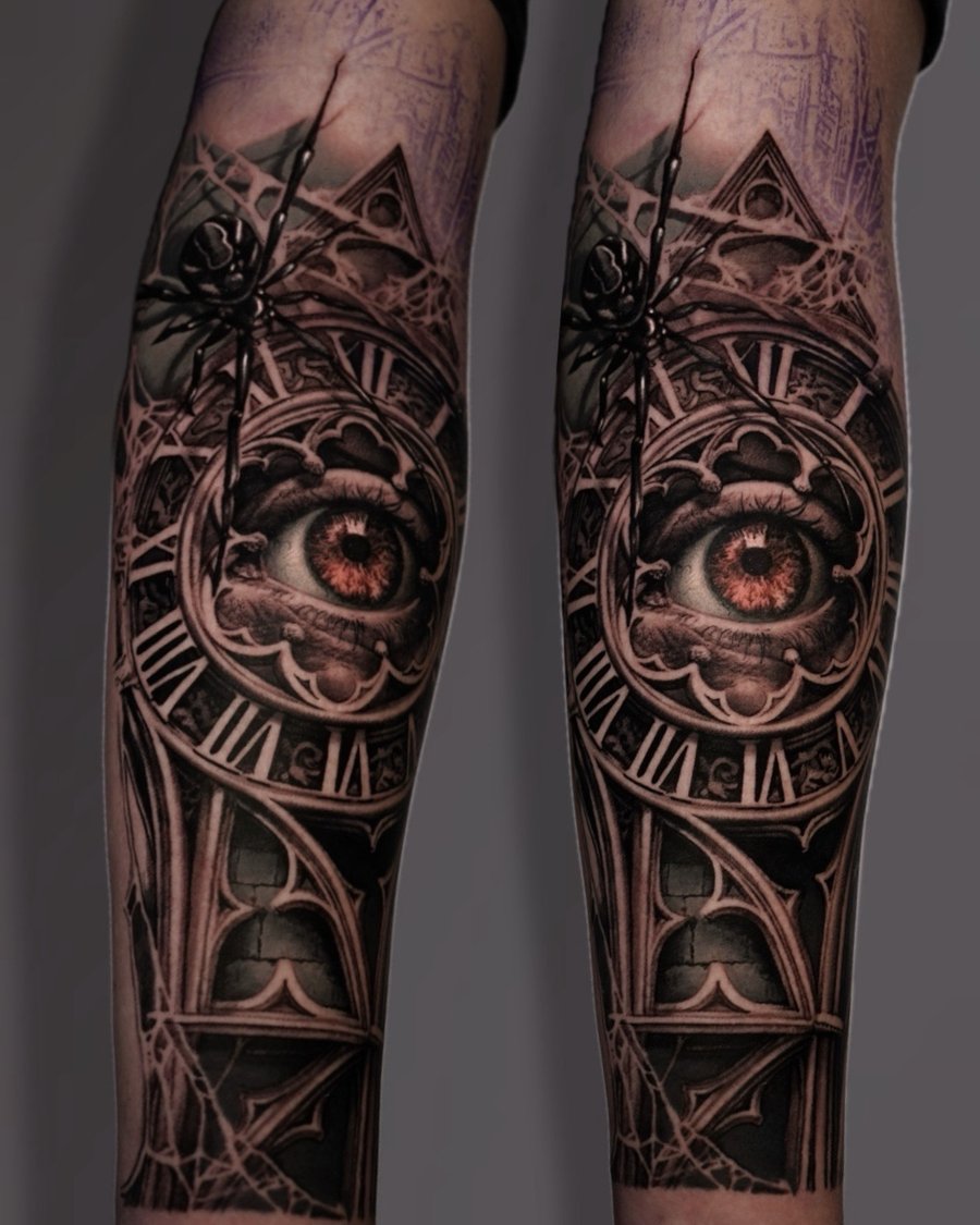 A detailed black and grey tattoo of an eye surrounded by a clock face and spider on the forearm, featuring realistic shading and intricate details — by Vladimir Kozachenko, los angeles