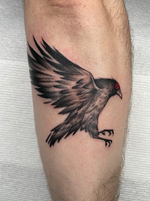 blackwork flying crow tattoo — by Vince Espinoza, los angeles