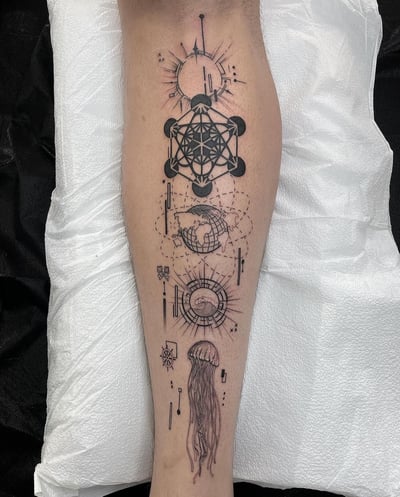 geometric geometric celestial design with jellyfish tattoo — by Vince Espinoza, los angeles