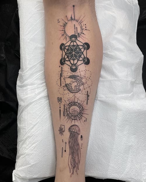 geometric geometric celestial design with jellyfish tattoo — by Vince Espinoza, los angeles
