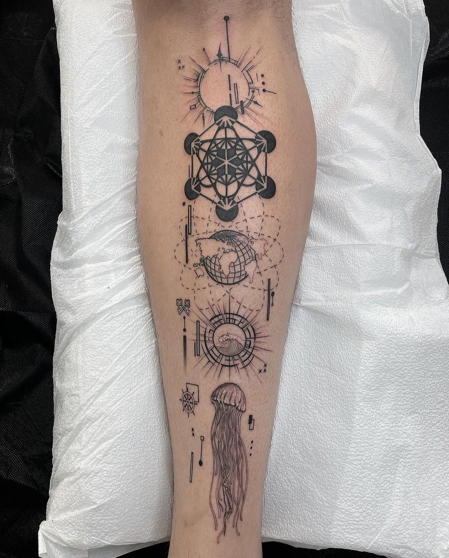 geometric geometric celestial design with jellyfish tattoo — by Vince Espinoza, los angeles