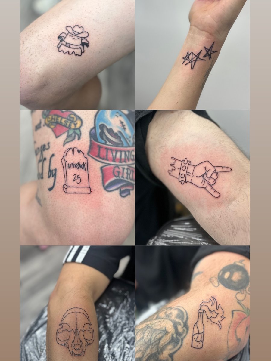 A collection of small minimalist tattoos on the arm, including a skull, stars, hand, and bottle — by Maddie Ramirez, los angeles