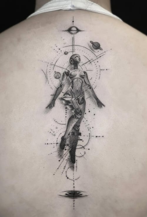 A black and grey surrealistic tattoo on the back featuring a humanoid robot figure surrounded by celestial elements and geometric patterns, with intricate dotwork detailing — by Jian Liang, los ang…