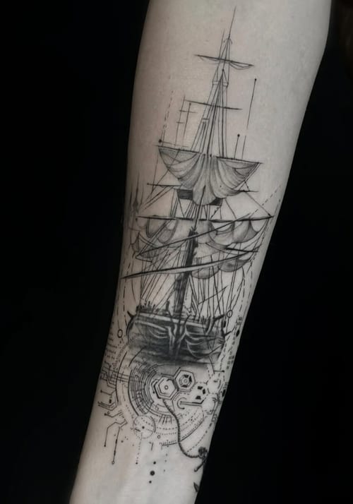 A black and grey linework tattoo of a ship on the forearm, featuring intricate sketch-like details and technical elements — by Jian Liang, los angeles