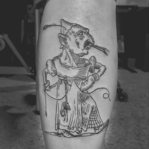 A black and grey illustrative tattoo of a mythological creature on the calf, featuring detailed linework and whimsical design elements — by Tag Devilish, los angeles