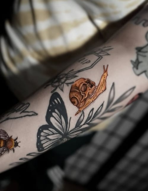 A colorful illustrative tattoo on the forearm featuring a snail with a skull shell, surrounded by a butterfly and floral elements — by Shelby Bianco, los angeles
