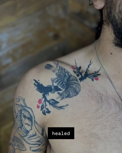 A bold blackwork bird with branches tattoo on the shoulder, featuring graphic elements and subtle color accents — by Dylan Aiello, los angeles