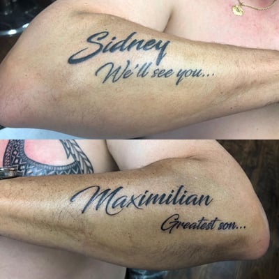 A black script lettering tattoo on the arm featuring names and phrases in a memorial style — by Sandra Price, los angeles