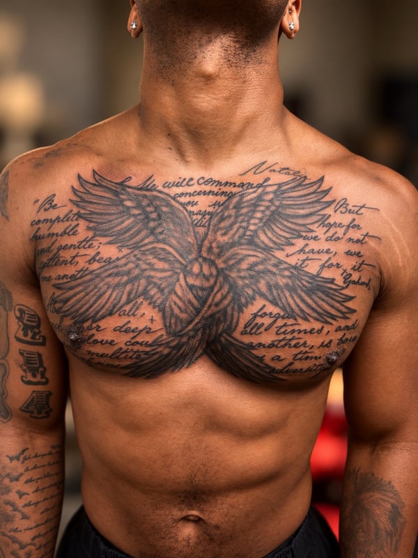 A bold black and grey eagle with outstretched wings and script lettering across the chest — by HEAVY INK, chino, ca