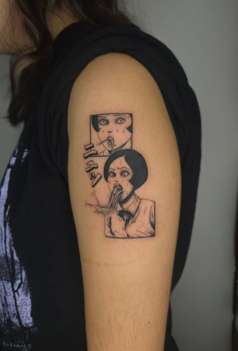 black linework junji ito horror manga panel tattoo by ashynuckles, an anime tattoo artist in eagle rock, los angeles