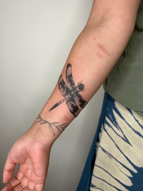 blackwork dragonfly tattoo — by Level tattoo, los angeles
