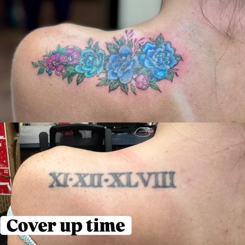 A colorful floral bouquet tattoo on the shoulder, featuring blue and pink flowers as a cover-up — by Sandra Price, los angeles