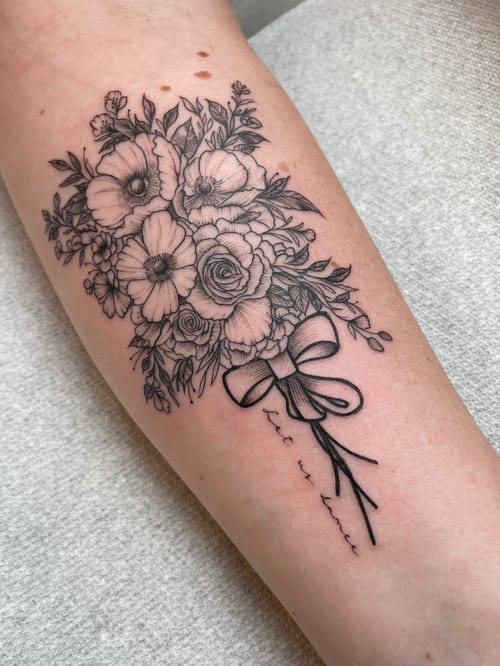 fine line flower bouquet with ribbon tattoo — by Vince Espinoza, los angeles