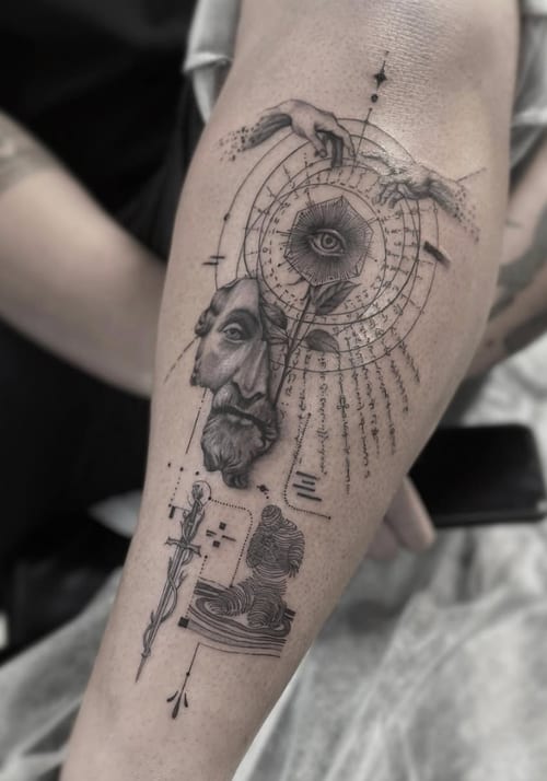 A surrealistic black and grey tattoo on the forearm featuring a face, an eye, and hands with intricate dotwork and geometric elements — by Jian Liang, los angeles