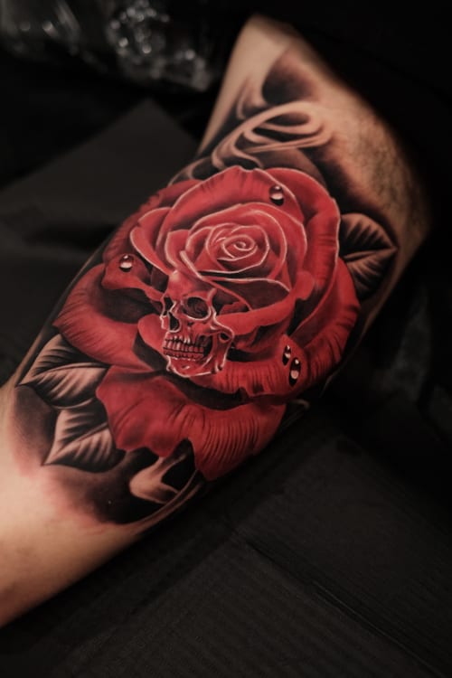 realism skull within a rose tattoo — by Johnny Ayala, los angeles