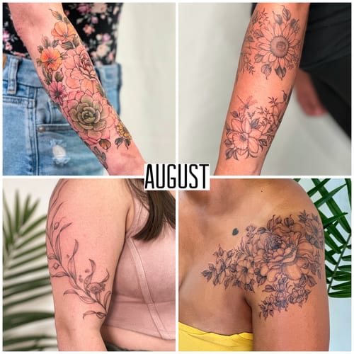 A collection of floral tattoos in black and grey with fine line details, featuring forearm and shoulder placements — by Melanie Benoit, los angeles