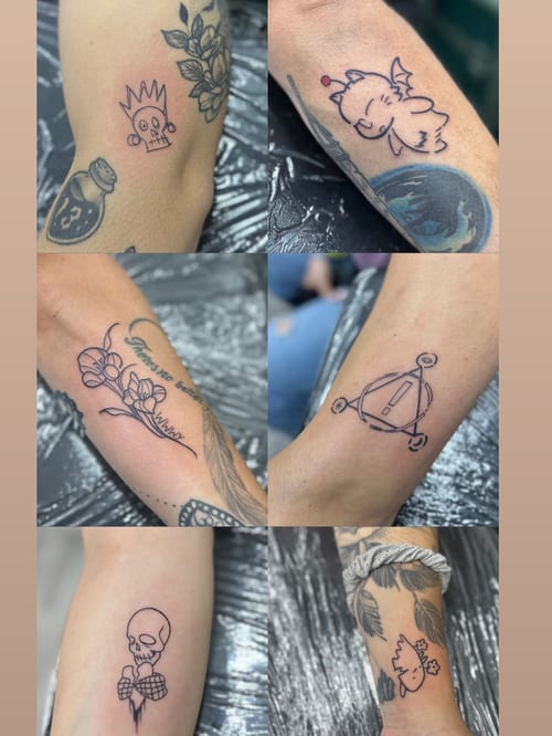 A collection of small minimalist tattoos including skulls, flowers, and a cat in black and grey linework — by Maddie Ramirez, los angeles
