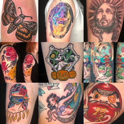A collage of various tattoos including a butterfly, geometric animal, Jesus portrait, floral sleeve, Halloween theme, and Japanese crane, showcasing different styles and vibrant colors — by Sandra …