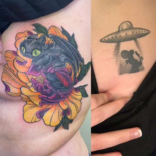 A colorful neo-traditional dragon resting on a vibrant flower on the hip, alongside a black and grey UFO with a silhouette being abducted — by Sandra Price, los angeles