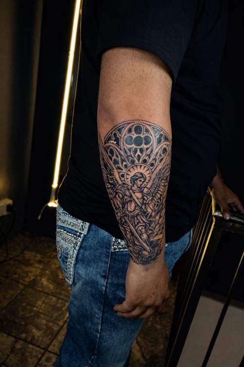 black & grey angel tattoo — by Edgar Armas Rodriguez, los angeles