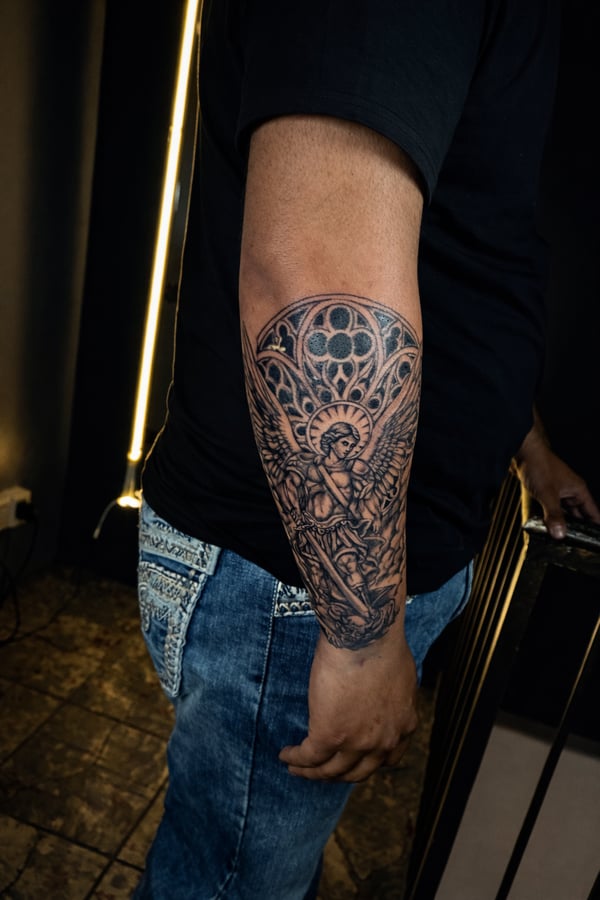 black & grey angel tattoo — by Edgar Armas Rodriguez, los angeles