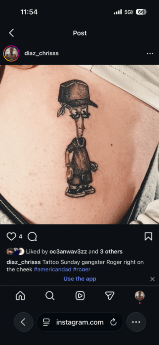 A black and grey cartoon tattoo of Roger from American Dad dressed as a gangster, located on the rib — by christopher diaz, los angeles