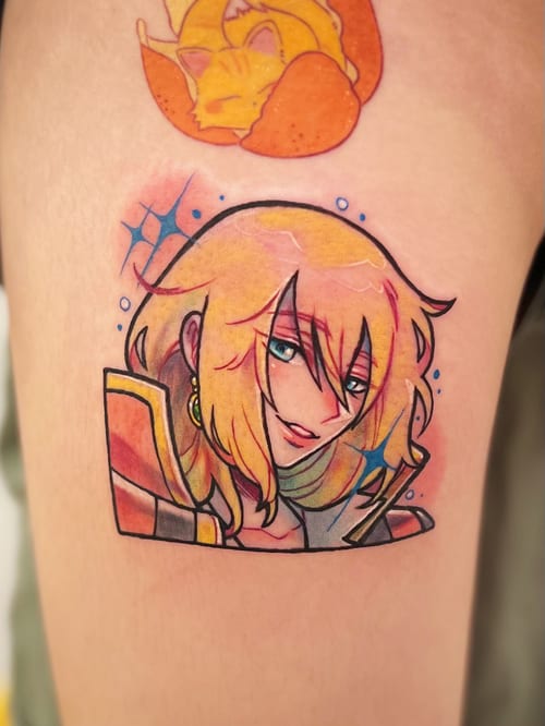 A colorful anime-style portrait of a character with blonde hair and blue eyes on the thigh, featuring bold outlines and vibrant shading — by Tweetwee, los angeles
