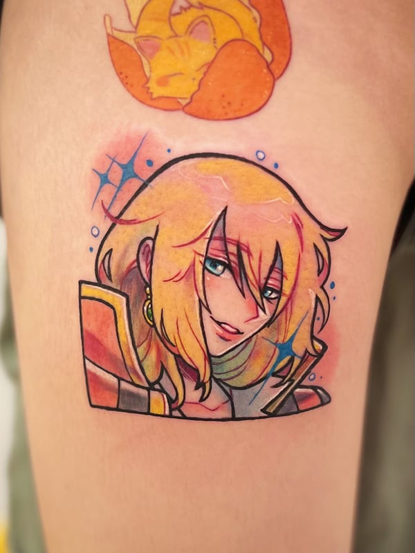 A colorful anime-style portrait of a character with blonde hair and blue eyes on the thigh, featuring bold outlines and vibrant shading — by Tweetwee, west covina, ca
