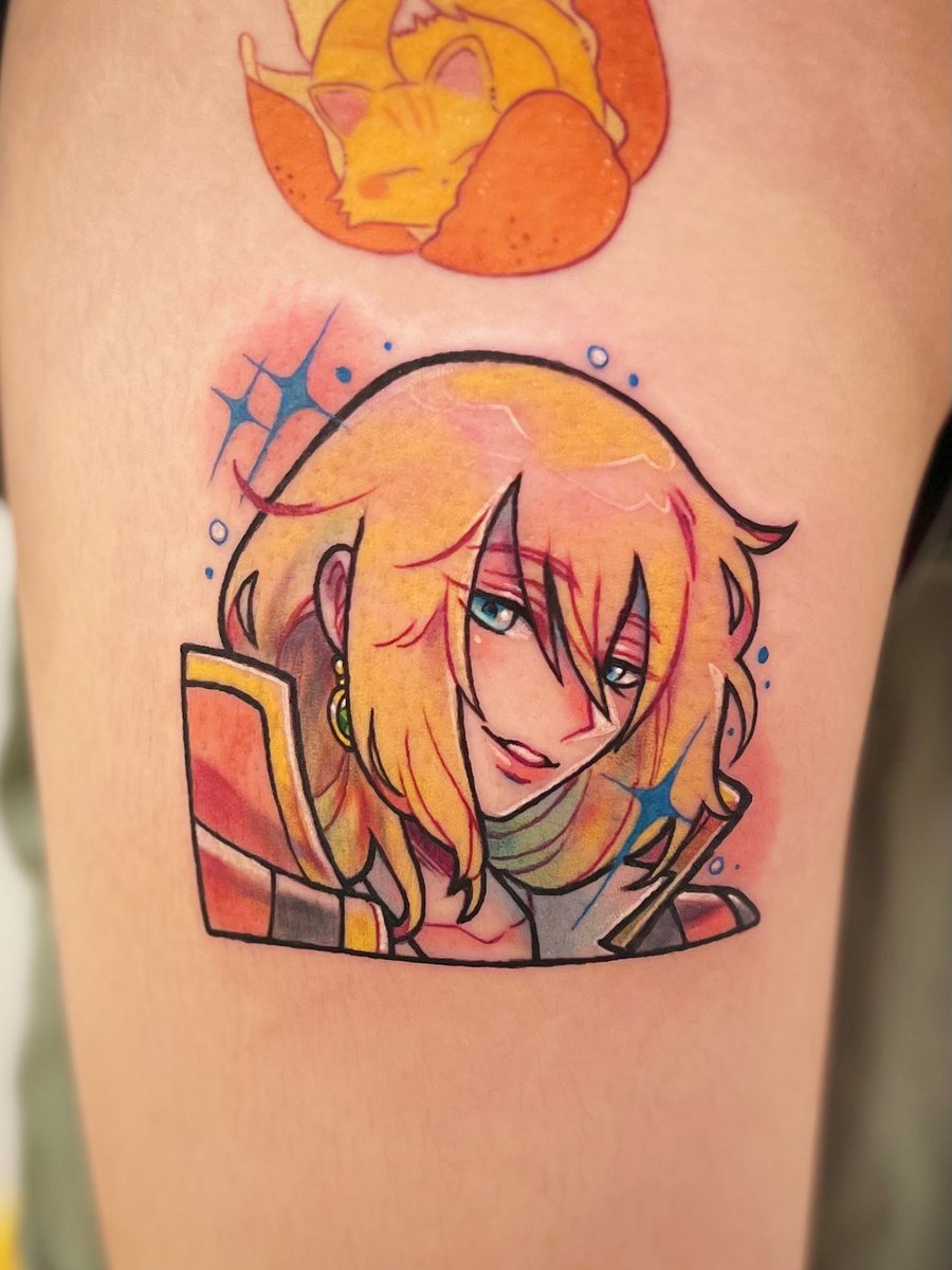 A colorful anime-style portrait of a character with blonde hair and blue eyes on the thigh, featuring bold outlines and vibrant shading — by Tweetwee, los angeles