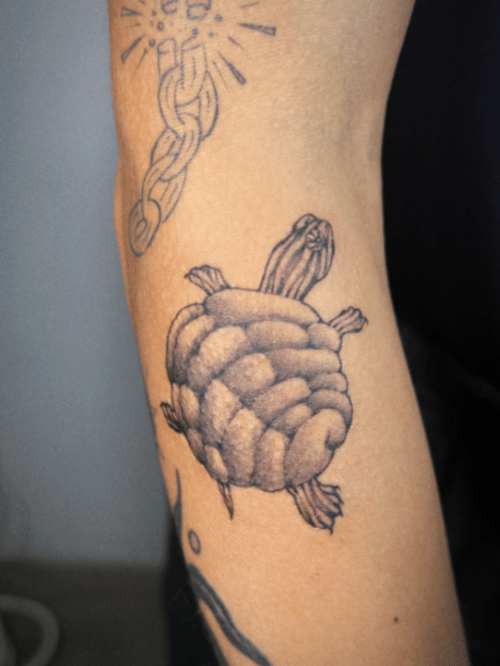 linework turtle tattoo — by Samantha Wilks, los angeles