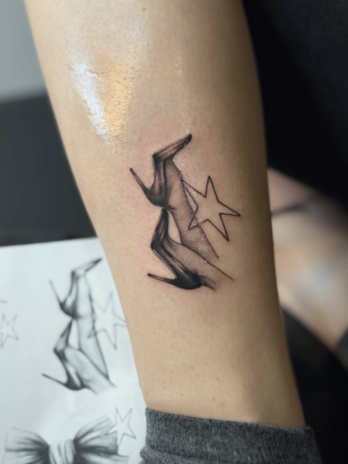 fine line high heels with star tattoo — by Samantha Wilks, los angeles