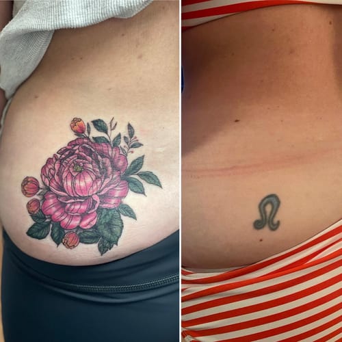 A colorful neo-traditional peony flower tattoo on the hip with delicate shading and vibrant pink petals — by Sandra Price, los angeles