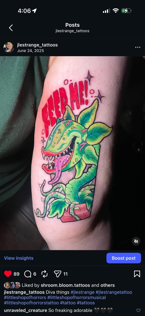 A colorful Neo-Traditional tattoo of Audrey II from Little Shop of Horrors on the thigh, featuring vibrant greens and reds with the script 'Feed Me!' above — by Jessica Linden, los angeles