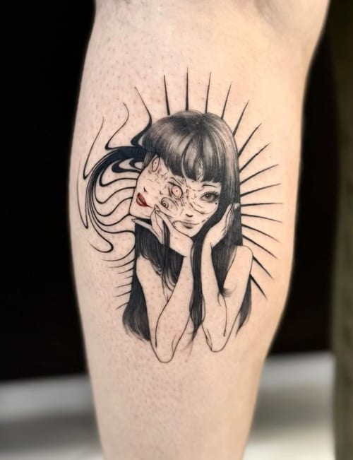 A surreal black and grey tattoo of a woman with a distorted face on the calf, featuring intricate linework and shading — by otaybeatdown, los angeles