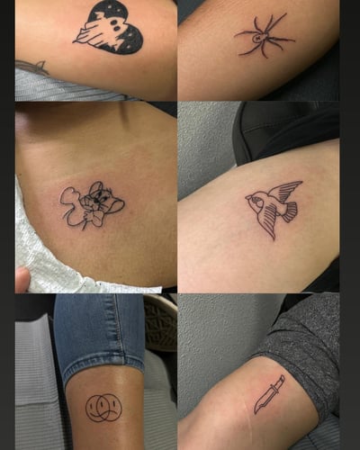 A collection of small minimalist tattoos including a spider, bird, and knife in black and grey linework — by Maddie Ramirez, los angeles