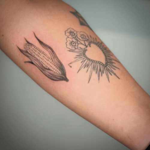 linework corn and sacred heart tattoo — by Samantha Wilks, los angeles