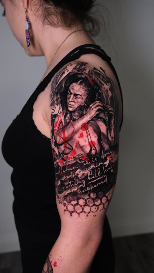 trash polka tattoo by nik lucas in los angeles