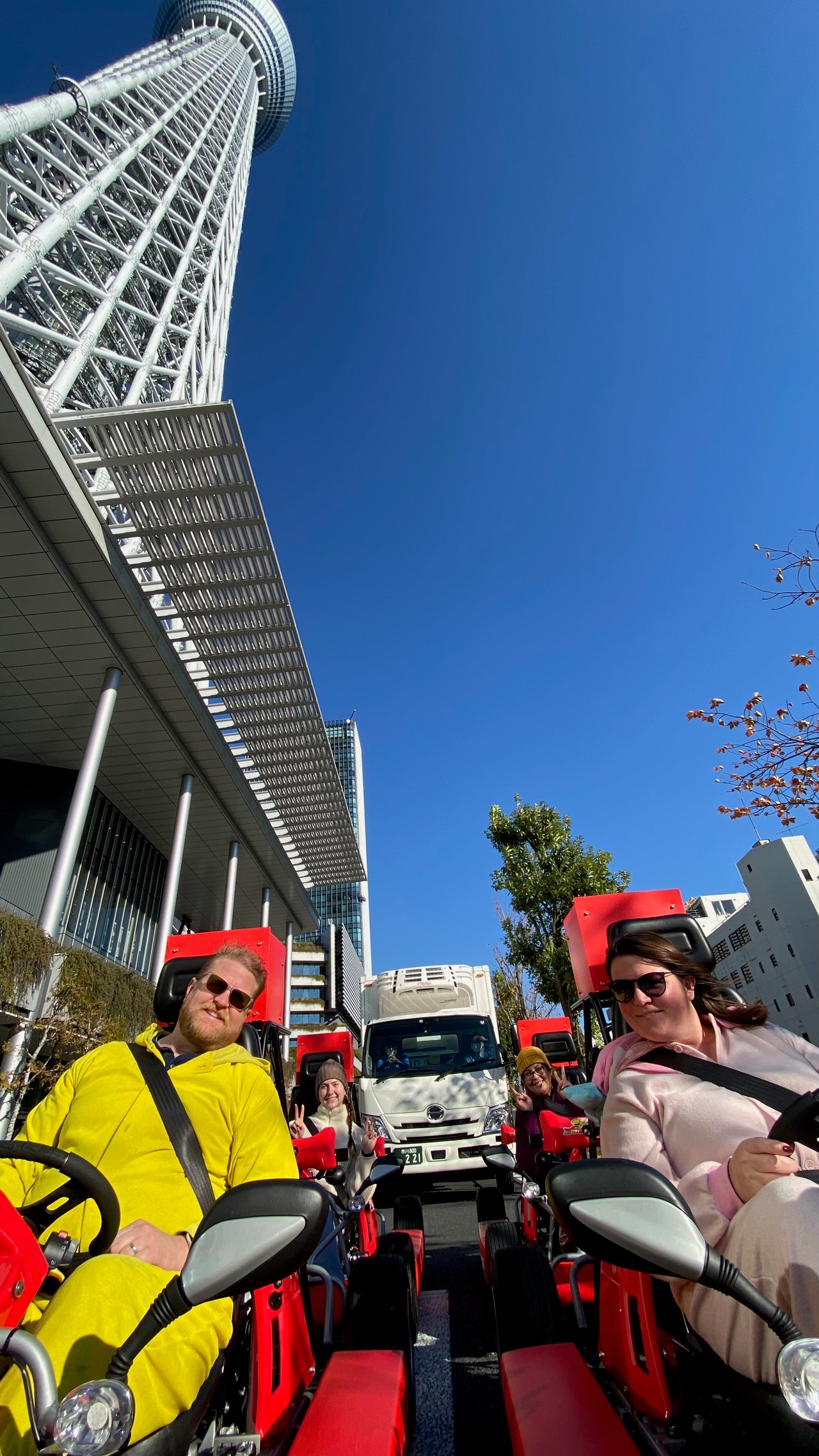 Tokyo Skytree towering above the street during the go kart tour