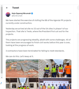 Agenda 111: Govt terminates 3 contractors for failing to meet standards – Oppong Nkrumah