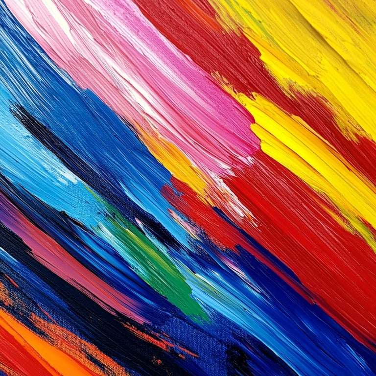 Abstract painting with bold, colorful brush strokes in shades of blue, pink, red, yellow, green, and orange.