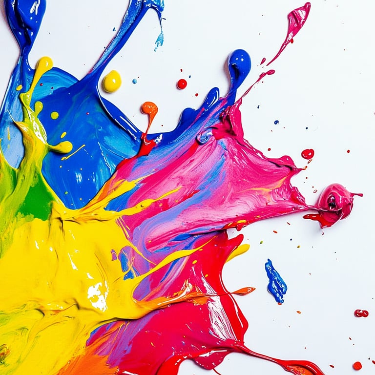 Abstract art with splashes of vibrant blue, yellow, green, red, and pink paint on a white background.