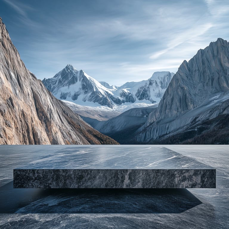 A polished stone platform in front of a snowy mountain range under a cloudy sky.