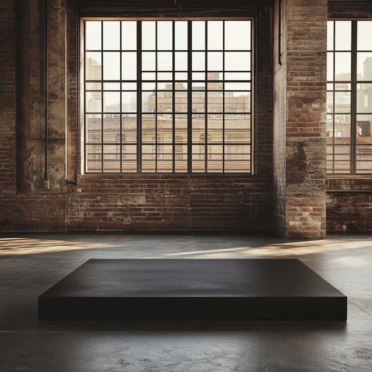 Industrial interior with large brick wall, metal-framed windows, and a low black platform on a polished floor.