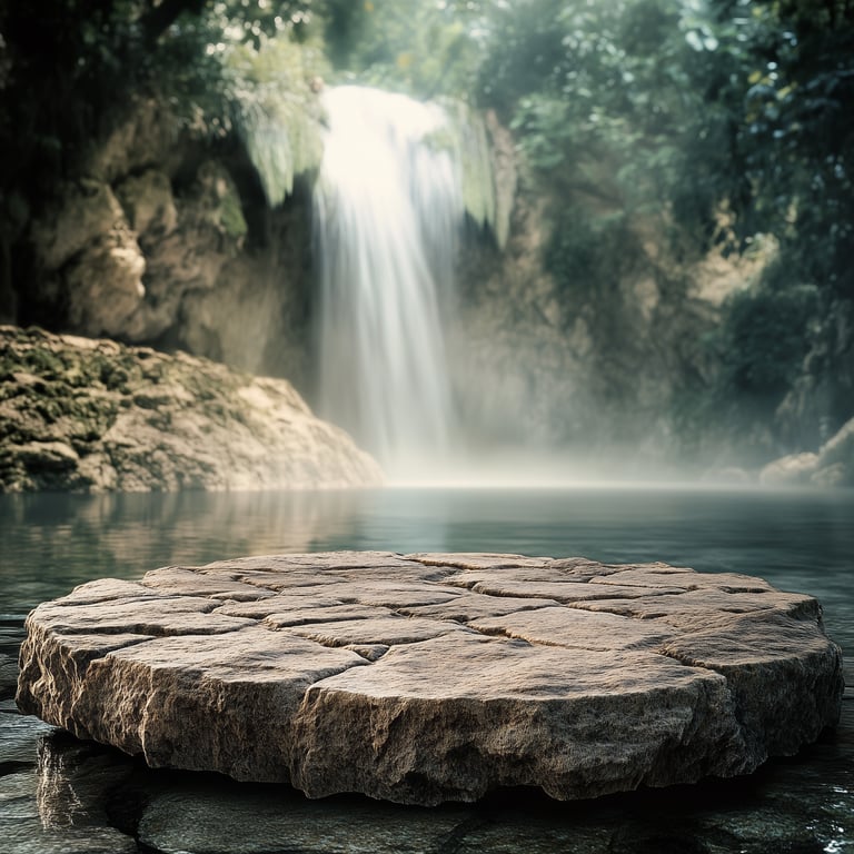 Stone platform over a calm pond with a waterfall in the background.